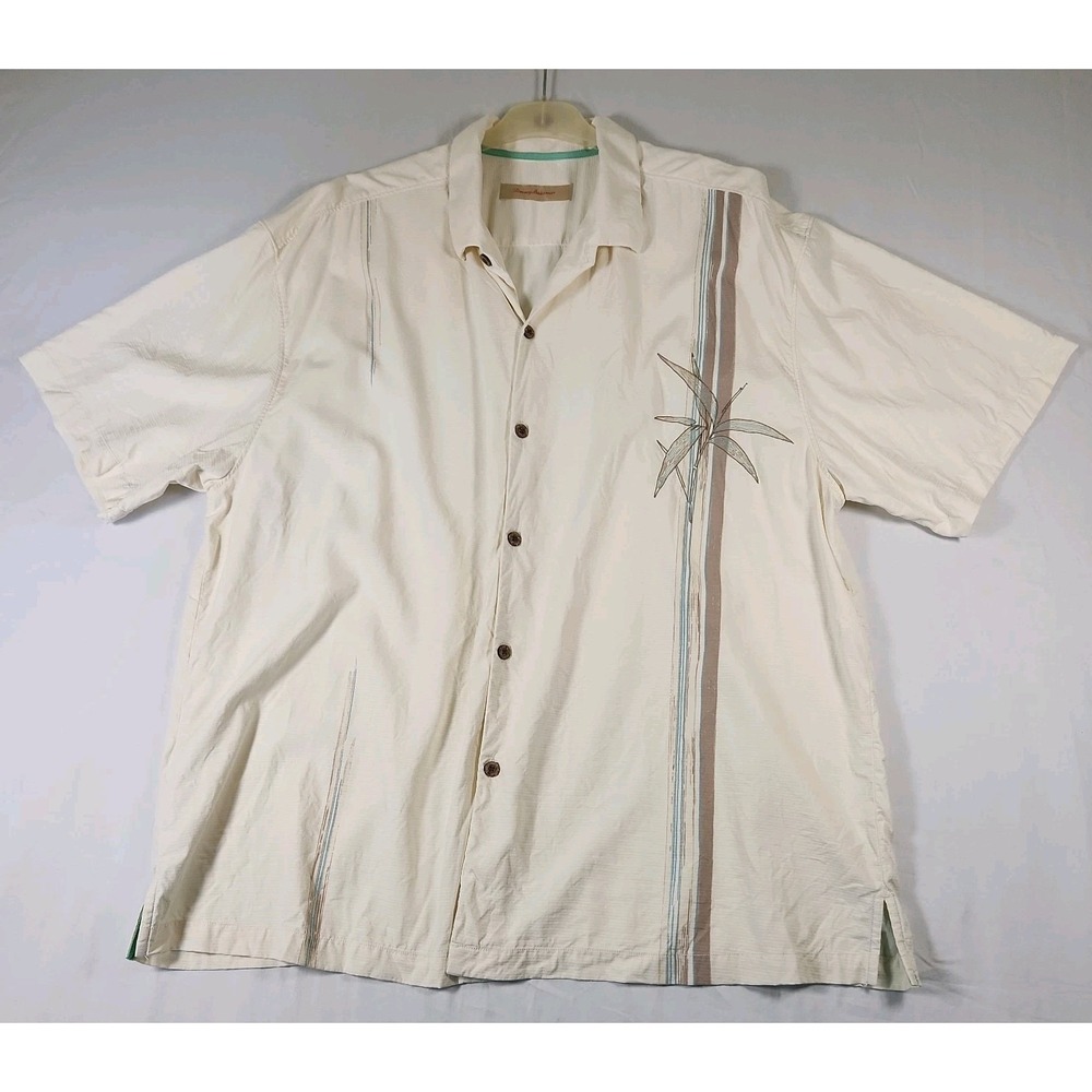 Tommy Bahama Men 2XL Cream Tropical Leaf Print 100% Silk Hawaiian Shirt